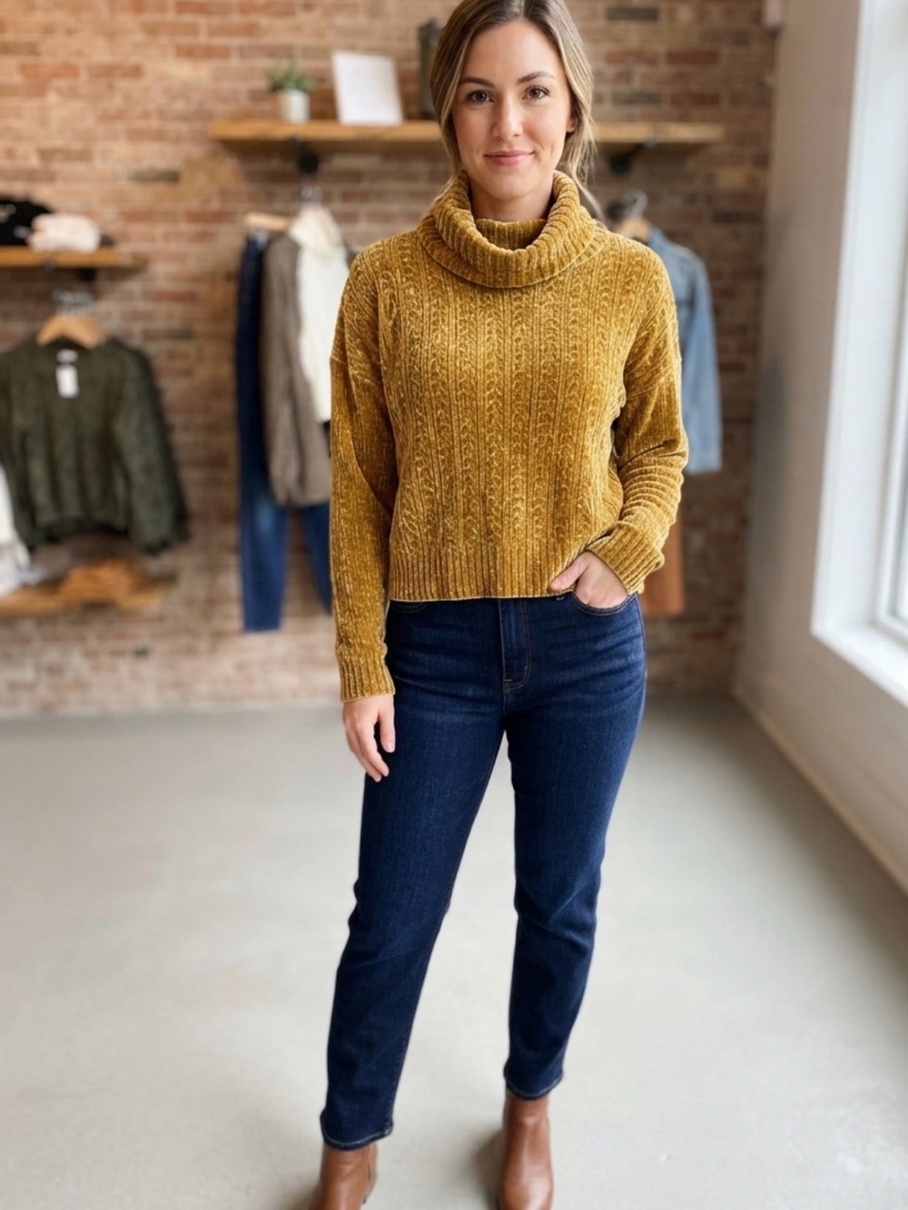 Derek Heart Mustard Cable Knit Turtleneck Sweater